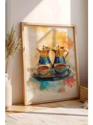 E2 Nova Çay Ocağı ve Kafe Için Otantik Ince Belli Çay ve Ibrik Tablo - Nostaljik Yağlı Boya Görünümlü Dekor