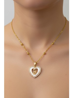 Altın Renk Beyaz Mineli Anne-Çocuk Tasarımlı Kalp Figürlü Çelik Kolye