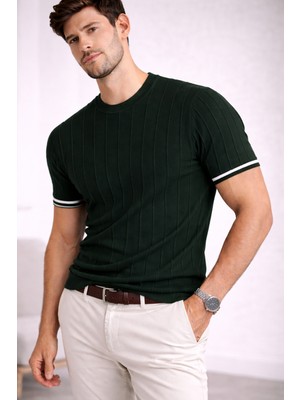 We&Me Erkek Slim Fit Triko T-Shirt | Fitilli Doku | Şerit Detaylı Kısa Kol