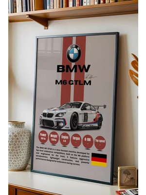E2 Nova Bmw M6 Gtlm Premium Spor Araba Çerçeveli Tablo - Teknik Özellikli Otomobil Sever Duvar Dekoru