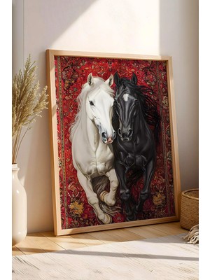 E2 Nova Siyah Beyaz At ve Kilim Desenli Çerçeveli Tablo - Ramazan Özel Seri Geleneksel Duvar Dekoru