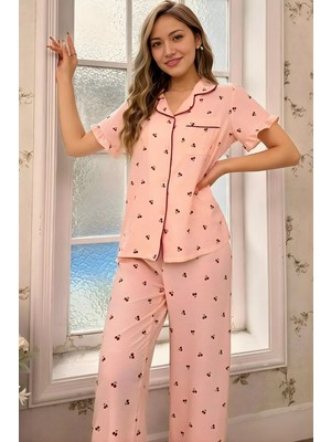 Homay 2’li Kiraz Desenli Paçası Volanlı Kısa Kollu Bürümcük Pijama Takımı