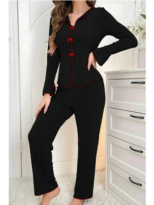 Homay 2’li Kırmızı Biye ve Fiyonk Detaylı Pamuklu Pijama Takımı