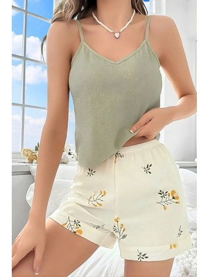Homay 2’li Çiçek Desenli Şortlu Ince Askılı Bürümcük Pijama Takımı