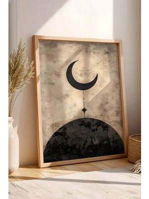 E2 Nova Modern Minimalist Hilal ve Yıldız Çerçeveli Tablo - Ramazan Özel Seri Eskitme Dokulu Duvar Dekoru