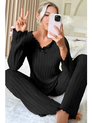 Homay 2’li Fiyonk Detaylı Monokrom Pamuklu Pijama Takımı