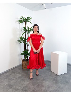 Mialora Kruvaze Yaka Omuz Boncuk Detaylı Püsküllü Maxi Kadın Elbise