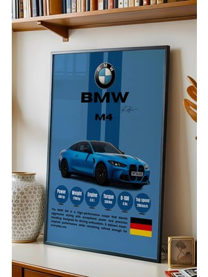 E2 Nova Bmw M4 Premium Spor Araba Çerçeveli Tablo - Teknik Özellikli Otomobil Sever Duvar Dekoru