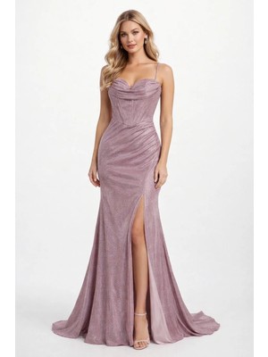 Simli Askılı Yırtmaçlı Uzun Abiye