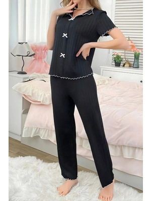 Homay 2’li Dalgalı Kontrast Biyeli Fiyonk Detaylı Pamuklu Pijama Takımı