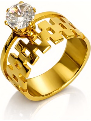 Formzen 316L Paslanmaz Çelik Zirkon Taşlı Gold Renk Hashtag Yüzük – Kararmaz & Alerji Yapmaz