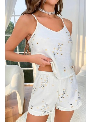 Homay 2’li Çiçek Desenli Ince Askılı Likralı Şortlu Pijama Takımı