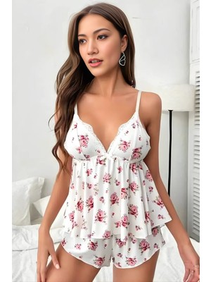 Homay  2’li Çiçek Desenli Dantel Detaylı Volanlı Şortlu Pijama Takımı