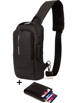 Newish Erkek Deri Mekanizmalı Cüzdan ve USB Çıkışlı Çapraz Askılı Omuz ve Bel Çantası NEW222 - Siyah