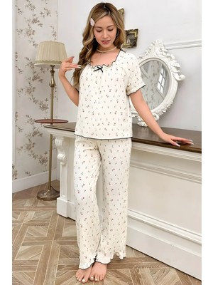 Homay 2’li Çiçek Desenli Volanlı Kare Yaka Kısa Kollu Likralı Pijama Takımı