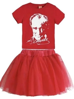 Unısex 23 Nisan 29 Ekim 10 Kasım 19 Mayıs Gösteri Kostüm Atatürk Baskılı Kırmızı Kısa Kol T-Shırt