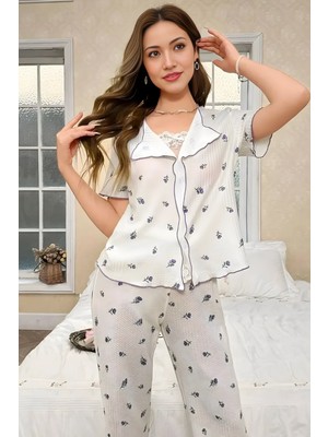 Homay 2’li Çiçek Desenli Dantel Göğüs Detaylı Kısa Kollu Waffle Pijama Takımı