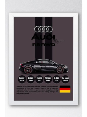 E2 Nova Audi R8 Rwd Premium Spor Araba Çerçeveli Tablo - Teknik Özellikli Otomobil Sever Duvar Dekoru