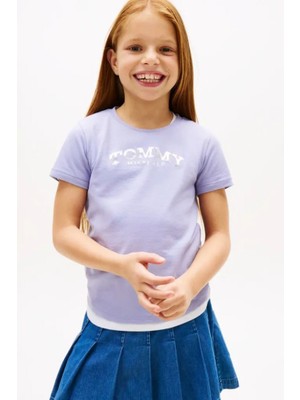 Tommy Hilfiger Kız Çocuk Metalik Logolu Dar Kesim T-Shirt - Açık Mor