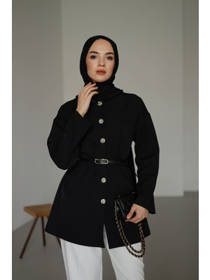 Moonsc Kadın Önü Düğme Detaylı ve Kemerli Tesettür Ceket