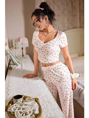 Homay 2’li Çiçek Desenli Kısa Kollu Crop Likralı Pijama Takımı