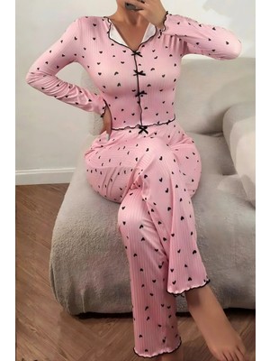 Homay 2’li Kalp Desenli Fiyonk Detaylı V Yaka Likralı Pijama Takımı