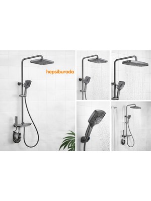 Latte Piano Duş Sistemi – Duş Bataryalı, El Duşlu ve Geniş Tepe Yağmurlama Set (Antrasit Renk)