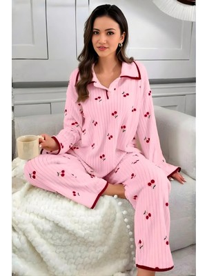 Homay 2’li Kiraz Desenli Biyeli Pamuklu Pijama Takımı