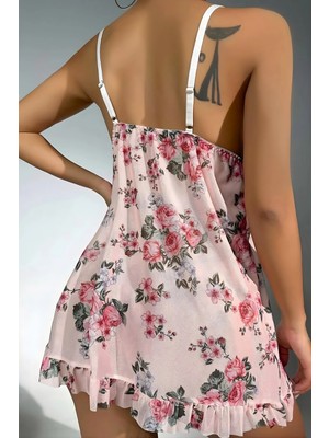 Homay 2’li Çiçek Desenli Dantel Detaylı Gecelik ve Slip Takımı