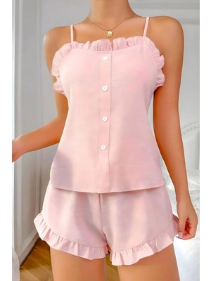 Homay 2'li Fırfır Kenarlıklı Bürümcük Dokulu Likralı Şortlu Pijama Takımı