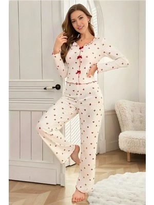 Homay 2’li Kiraz Desenli Fiyonk Detaylı Pamuklu Bürümcük Pijama Takımı