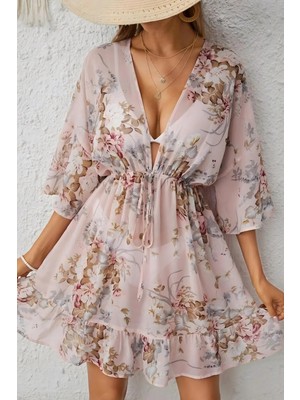 Homay Çiçek Desenli Bel Bağcıklı Likralı Elbise