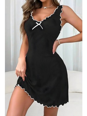 Homay Kurdele Detaylı Fırfırlı Biyeli Pamuklu Gecelik