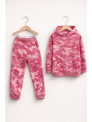 Kokoro Pembe Kamuflaj Desenli Kapüşonlu Bebek Takımı – Sweatshirt ve Eşofman Altı 2’li Çocuk Takım