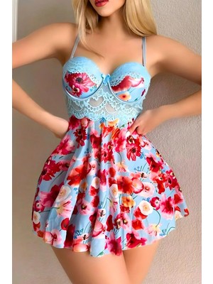 Homay Çiçek Desenli Dantel Gövdeli Gecelik