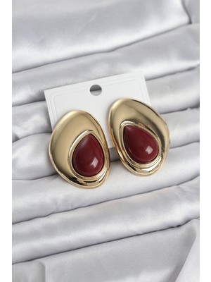 Nuveden Pirinç Gold Renk Bordo Taşlı Damla Model Vintage Kadın Küpe - TJ-BKP11682 DIE-RSTG34