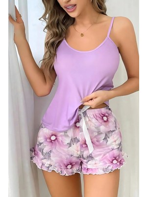 Homay 2'li Çiçek Desenli Fırfırlı Şortlu Likralı Pijama Takımı
