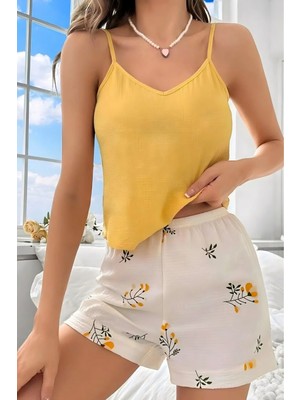 Homay 2’li Çiçek Desenli Şortlu Ince Askılı Bürümcük Pijama Takımı