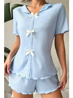 Homay 2’li Fiyonk Detaylı Pamuklu Şortlu Kısa Kollu Pijama Takımı
