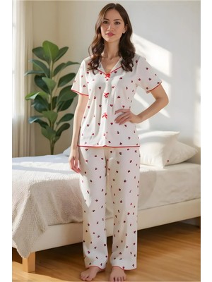 Homay 2'li Kiraz Desenli Fiyonk Detaylı Kısa Kollu Pamuklu Pijama Takımı