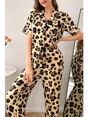 Homay 2’li Leopar Desenli Kısa Kollu Likralı Pijama Takımı