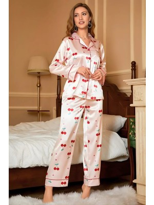 Homay 2’li Kiraz Desenli Saten Pijama Takımı