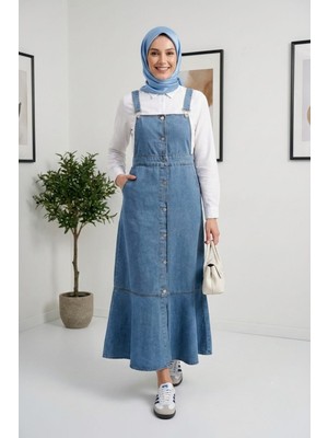 Kadın Ayarlanabilir Askılı Düğmeli Cepli Kot Mavi Salopet