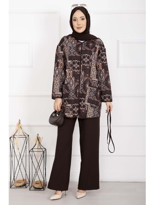 Mat Etnik Desen Biyeli Ceketli Takım Kahve