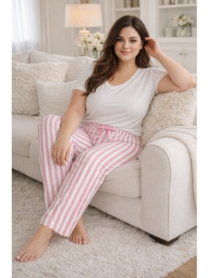 Remsa Büyük Beden Kadın Çizgi Desen Viskon Kumaş Penye Battal Tek Pijama Alt 11 Pembe