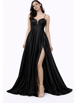 Askılı Saten Uzun Abiye Elbise Derin V Yaka