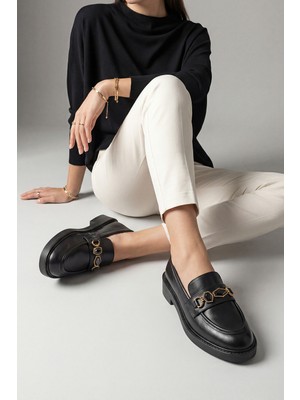 Marjin Kadın Loafer Makosen Tokalı Taşlı Klasik Günlük Ayakkabı Egano Siyah