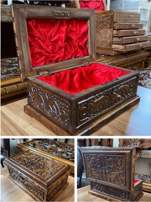 Home Dekor Hediye Takı Kutusu Mücevher Sandığı Kilitli Ahşap Ceviz El Oyması Motifli Ahşap Sandık Hediyelik 24 cm