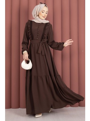 Asm Güpür Şeritli Kuşaklı Tesettür Elbise Kahve