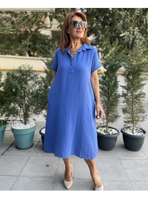 V Yaka Müslin Elbise Indigo Mavi